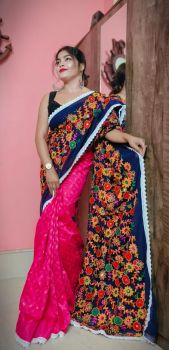 Pink and Blue Pure Handloom Flower Design Saree