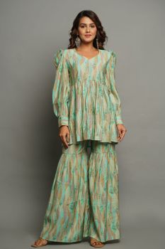 SEA GREEN MUSLIN KURTA WITH SHARARA