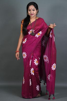 Red Wine Pure Handloom Cotton Saree From Bengal