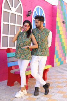 Green Pure Hand Block Printed Cotton Jacket Couple Set