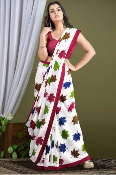 White Magenta Leaf Design Pure Handloom Cotton Saree