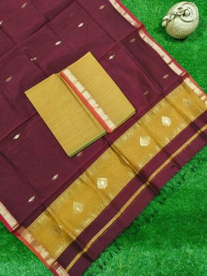 Wine Berry Pure Handloom Maheshwari Silk Cotton Saree From Bengal