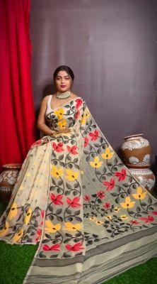 Cream Pure Handloom Dhakai Jamdan Saree From Bengal
