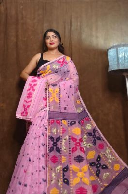 Pink Pure Handloom Dhakai Jamdani Saree From Bengal