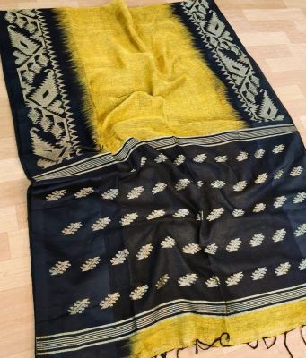 Yellow Black Pure Handloom Linen By Linen Saree From Bengal