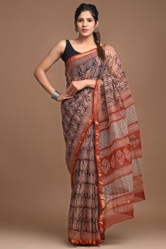 Purplish Brown Hand Block Kota Doriya Printed Leaf Design Saree
