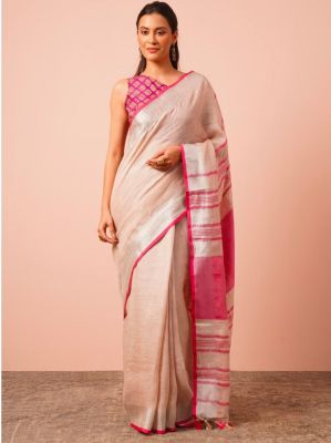 Peach Pure Handloom Linen Saree From Bhagalpur
