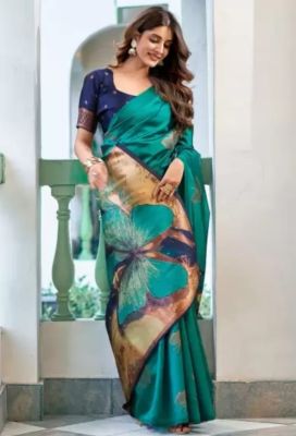 Teal Pure Handloom Banarasi Silk Saree From Banaras