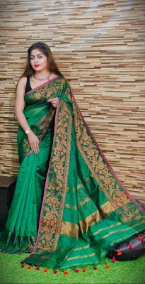 Bottle Green Pure Handloom Dhakai Jamdani Saree from Bengal