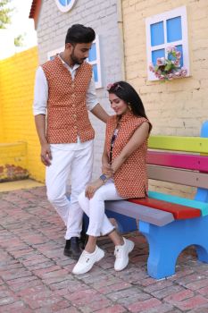 Red Pure Hand Block Printed Cotton Jacket Couple Set
