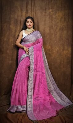 Pink Tissue Handloom Cotton Saree From Bengal