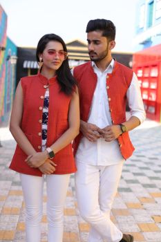 Red Pure Hand Block Printed Cotton Jacket Couple Set