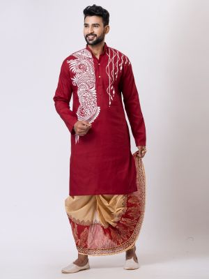 Maroon Handcrafted Kantha Embroidered Dhoti Punjabi Set