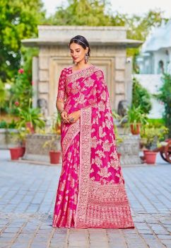 Pink Pure Handloom Silk Cotton Saree From Banaras