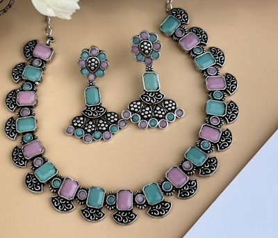 Silver Pure Oxidised Necklace With Multi Colour Stone Jewellery
