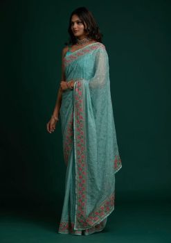 Sea Blue Flower Design Cross Stitch Thread Work Georgette Silk Saree