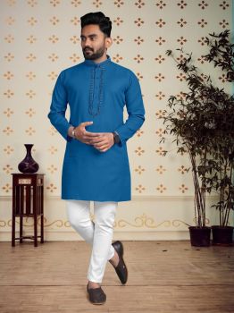 Men Peacock Blue Cotton Festival Special Kurta
