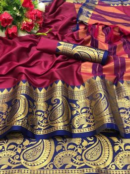 Rani Royal Blue Plain Body Silk Cotton Saree With Exclusive Border Design