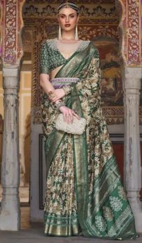 Cream Green Flower Design Handloom Banarasi Silk Saree From Banaras