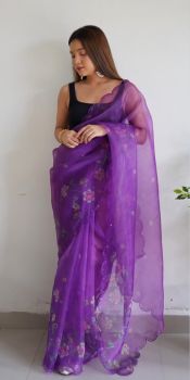 Purple Flower Printed Work Pure Organza Silk Saree
