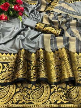Grey Black Plain Body Silk Cotton Saree With Exclusive Border Design