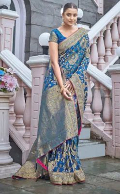 Teal Pure Handloom Silk Saree From Banaras