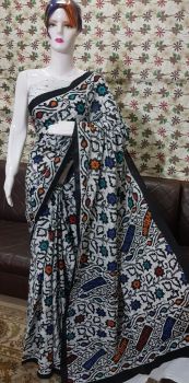 Off White Bagru Block Print Cotton Mulmul Saree From Rajasthan