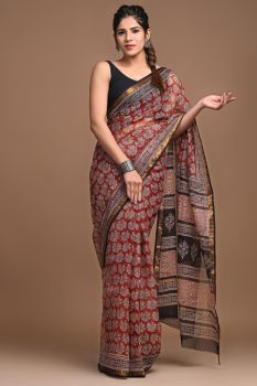 Roman Coffee Hand Block Kota Doriya Printed Leaf Design Saree