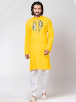 Yellow Pure Handloom Katha Stitch Kurta From Bengal