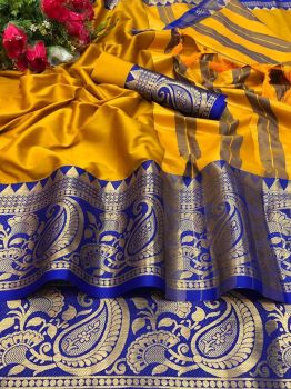 Yellow Royal Blue Plain Body Silk Cotton Saree With Exclusive Border Design