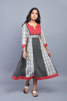 Black & Red Cotton Printed Anarkali Kurta/Dress