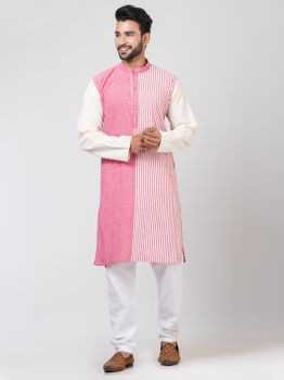 Rose Pink White Pure Handloom Khadi Cotton Kurta From Bengal