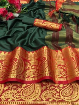 Bottle Green Red Plain Body Silk Cotton Saree With Exclusive Border Design