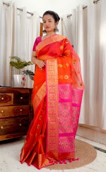 Tomato Red Pure Handloom Muslin Banarasi Saree