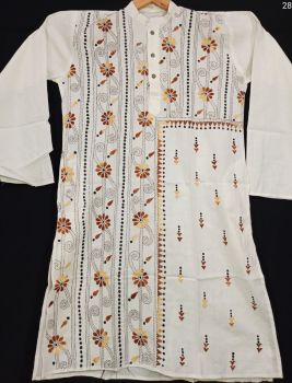White Pure Handloom Kantha Stitch Punjabi Kurta From Bengal