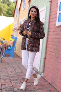 Black Red Hand block Printed cotton Jacket