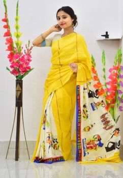 Yellow Pure Handloom Khesh Cotton Saree From Bengal