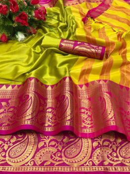 Lime Green Pink Plain Body Silk Cotton Saree With Exclusive Border Design