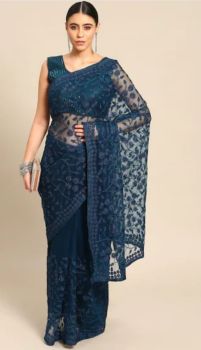 Dark Teal Blue Embroidery Work Net Saree From Banaras