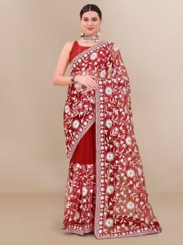 Maroon Flower Thread Work Soft Net Saree