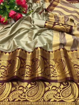 Light Grey Dark Maroon Plain Body Silk Cotton Saree With Exclusive Border Design
