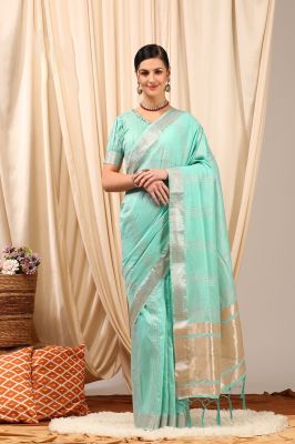 Aqua Blue Pure Handloom Silk Cotton Saree From Gujarat