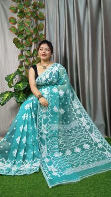 Teal Pure Handloom Dhakai Jamdani Saree From Bengal