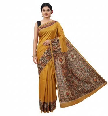 Dark Yellow Elegant Women Madhubani Handcrafted Handloom Pure Tassar Silk Saree