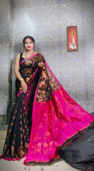 Dark Jungle Green Pure Handloom Silk Cotton Flower Design Saree