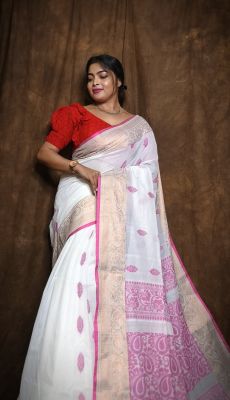 White Pure Handloom Banarasi Silk Saree From Bengal