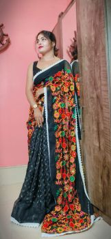 Dark Blue Grey Pure Handloom Flower Design Saree