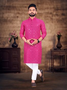 Men Pink Cotton Kurta Mirror Work Original kurta