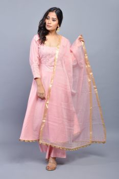 Blush Pink Anarkali Cotton Suit Set with Dupatta