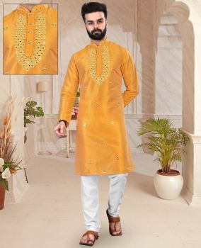 Men Fuel Yellow Silk Kurta Mirror Work Original kurta